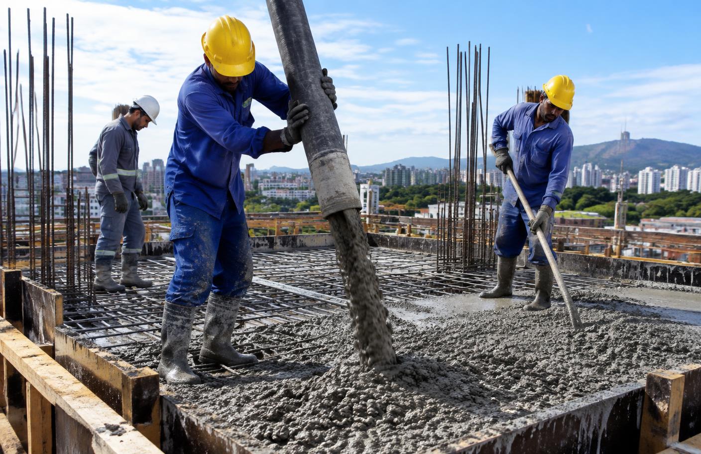 Equipe aplicando concreto em laje